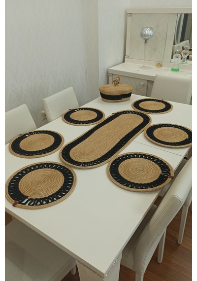 Kaan Home 6 Lı Supla 1 Runner 1 Kapaklı Örgü Ekmek Sepeti Seti Bej Krem Desenli Sunumluk Siyah