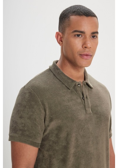 AC&Co / Altınyıldız Classics Erkek Hakı Slim Fit Dar Kesim Pamuklu Havlu Kumaş Polo Yaka Tişört Hakı