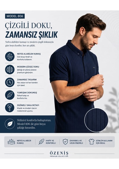 Özeniş Erkek Polo Yaka Slim Fit Çizgili Desen Kaşkorse T-shirt Lacivert