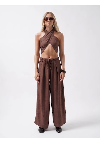 Defymoda Çapraz Bağlamalı Keten Crop Kahverengi