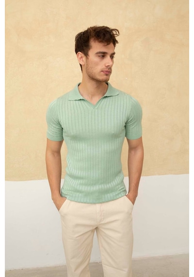 Erkek Fitilli Polo Yaka Triko T-shirt SU YEŞİLİ