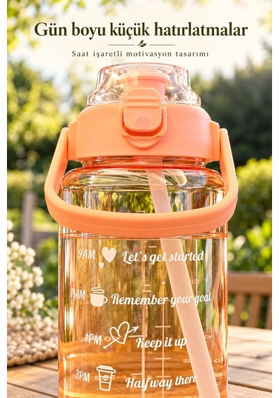 Madamev 3lü Motivasyonel Suluk Matara Seti 2000+750+280 Ml Pipetli Stickerlı Askılı Spor Ve Okul Su Çok Renkli