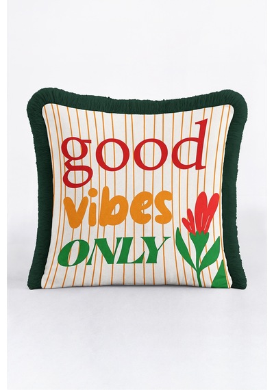 Good Vibes Only Çiçekli Saçaklı Yastık Kılıfı - Retro Botanik Yeşil Siyah Püsküllü Kırlent Kılıfı Yeşil
