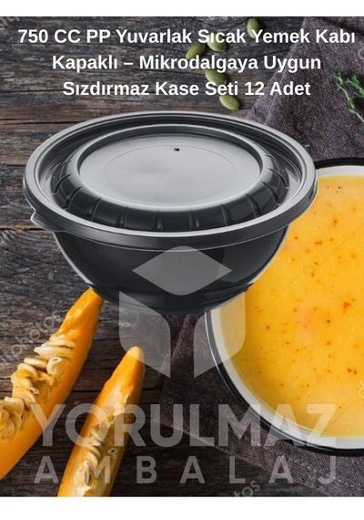 750 Cc Yuvarlak Kapaklı Yemek Kabı 12 Li Set Siyah Paket Servis Ve Porsiyon Kabı