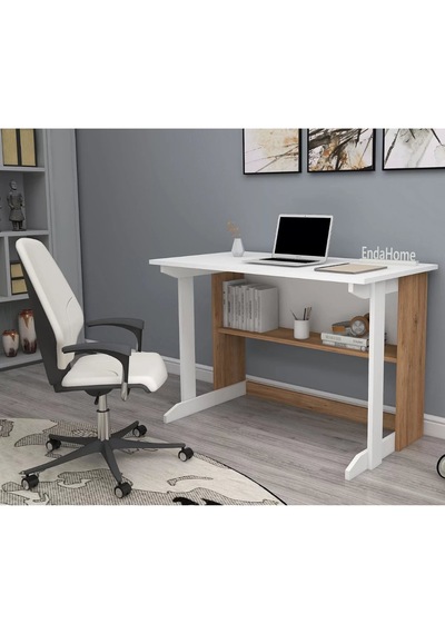 Reyo Home Enda Pillar Kütüphaneli Çalışma Masası 100x56cm Çam-bey Atlantik Çam - Beyaz