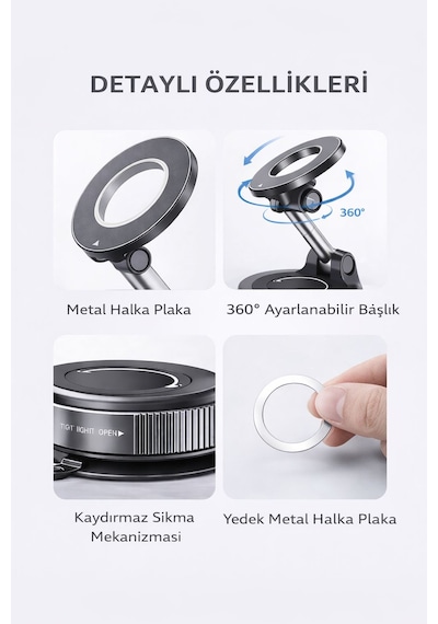 Araç Telefon Tutucu Manyetik Vakumlu Güçlü Tutuş 360 Döner Tek Elle Kullanım Torpido Uyumlu SİYAH,GRİ