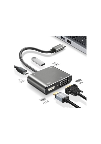 4 Ü 1 Arada Type-c To Hub Dönüştürücü Adaptör 4k Ultra Hd Hdmı & Vga Görüntü Aktarımı, Pd Hızlı Şarj Destekli, Usb Çoklayıcı