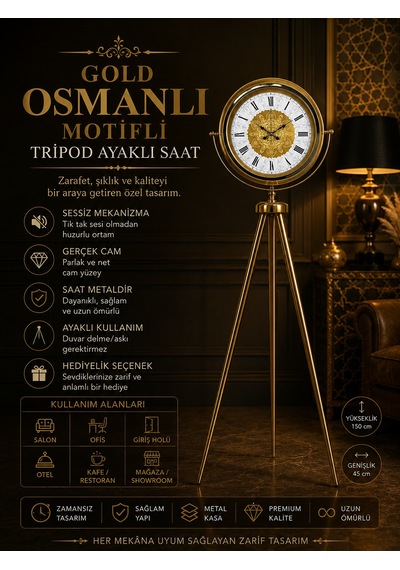 Osmanlı Motifli Tripod Ayaklı Saat Gold