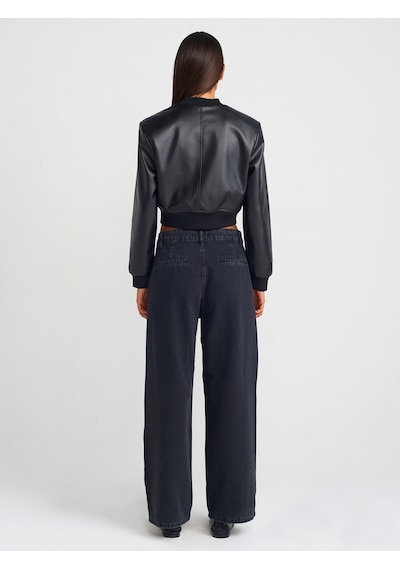 Dilvin 71733 Pileli Geniş Denim Pantolon Siyah