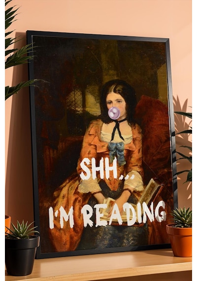 Saturn Shh I'm Reading Çerçeveli Tablo Klasik Portre Kitap Okuyan Kadın Kütüphane Ve Çalışma Odası Dekoru Altered Art