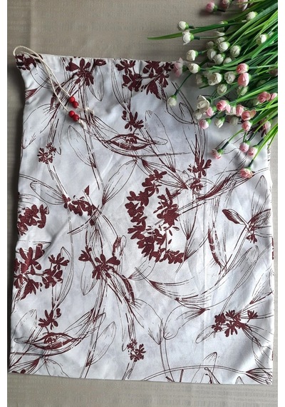 Bordo Çiçekli Ekmeklik - Askılı Büzgülü Keten Ekmek Torbası 50x40