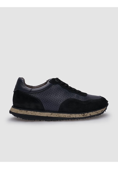 %100 Hakiki Deri Siyah Süet - Füme Bağcıklı Erkek Sneaker-siyah Siyah