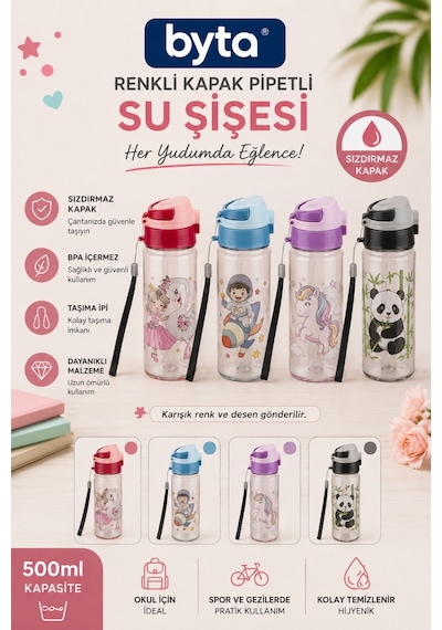 500 Ml Çocuk Matara Kilitli Kapaklı Pipetli Su Matarası Taşıma Askılı Bpa Free Pembe Kuğu Desenli Pembe