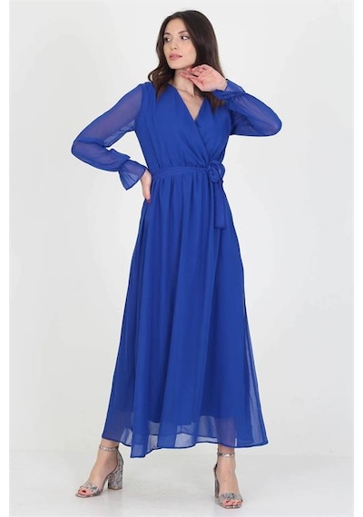Neşeli Butik Kadın Yeni Sezon Astarlı Kruvaze Yaka Uzun Şifon Elbise Nb003 Saks