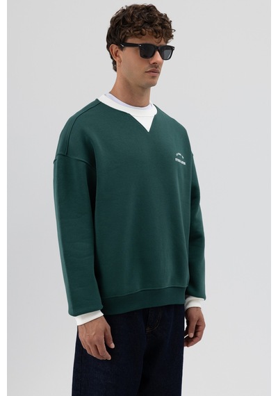 Vamos Oversize Bisiklet Yaka Baskılı Sweatshirt V70-91 Nefti Yeşil