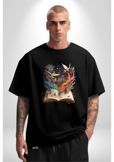 Hikaye Roman Kitabı Gerçekleşti Pamuklu Bisiklet Yaka Unisex Oversize Boyfriend Dijital Baskılı Siyah T-shirt Siyah