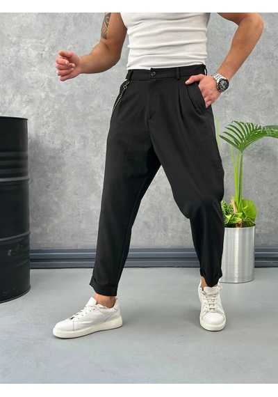 Modefendi Boyfriend Kalıp Zincir Detaylı Duble Paça Jogger Pantolon Siyah