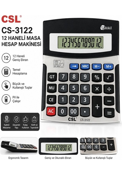 Hesap Makinesi Gri Siyah 11x13 Cm 1 Adet Csl Cs-3122 12 Haneli Orta Boy Ofis Büro Masaüstü Hesap Makinası
