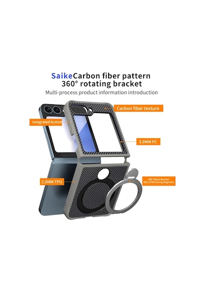 Teleplus Samsung Galaxy Uyumlu Z Flip 5 Kılıf Karbon Fiber Magsafeli 360 Dönerli Standlı Alp Kapak