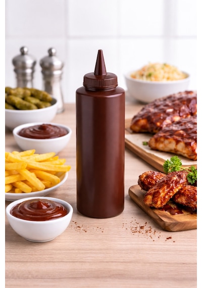 Sosluk Sıkma Şişesi 3 Adet 1000 Ml Bpa Free Barbekü/çikolata Sos Şişesi Endüstriyel Kullanım Kahverengi