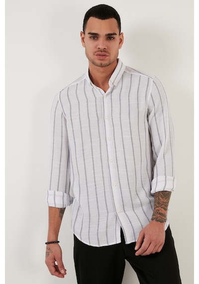 Buratti Pamuklu Çizgili Regular Fit Düğmeli Yaka Erkek Gömlek Cf21S112480 Beyaz-Lacivert