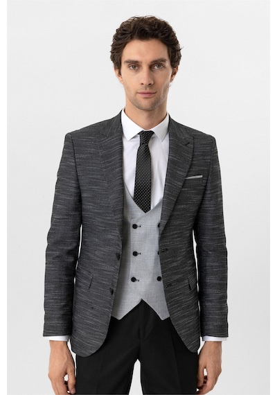 Süvari Siyah Slim Fit Desenli Sivri Yaka 6 Drop Yelekli Klasik Takım Elbise
