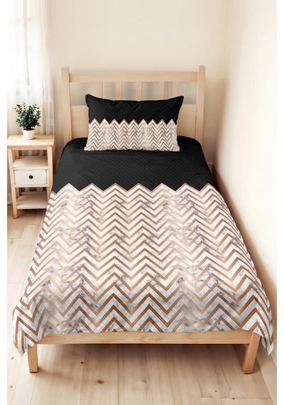 Siyah Geometrik Modern Tek Kişilik Pike Takımı - Mermer Görünümlü Bakır 160x220 Cm Yatak Örtüsü Mistik Harmoni Harmonu