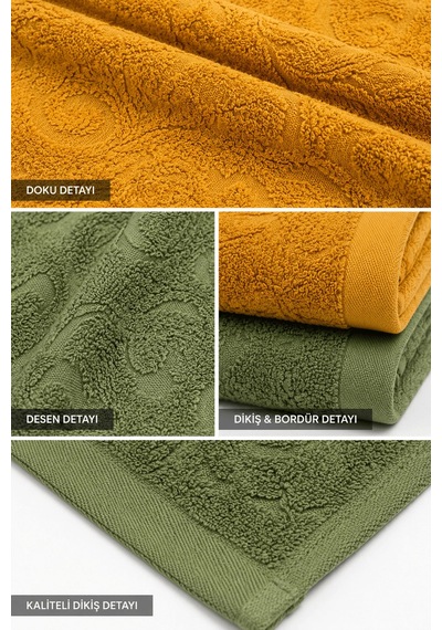 2'li Jakarlı Büyük Boy Banyo Havlusu 90x150 Cm %100 Pamuk Lorea 650 Gr Yeşil-hardal