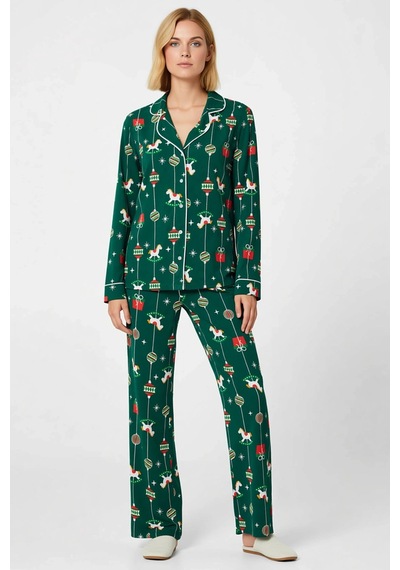 Benerly Kadın Gömlek Yaka Standart Kol Regular Kalıp Pijama Takımı Fonksi Yeşil