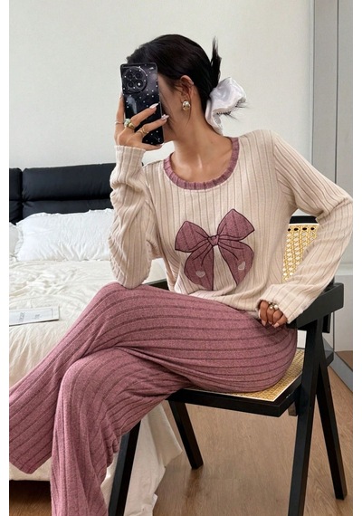 Bella Notte Pembe Nakışlı Pembe Uzun Kollu Pijama Takımı
