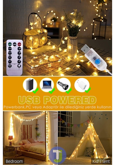 Technojet 100 Ledli 10.mt Kumandalı Usbli Dekoratif Yıldız Model Şerit Led Işık Yılbaşı Süsleme Gün Işığı - Sarı
