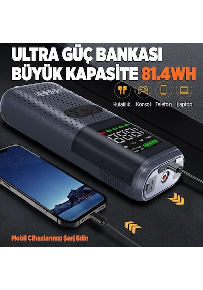 Groove Hcb002 22000mAh 2500A Akü Takviye Cihazı + Lastik Şişirme Kompresörlü Taşınabilir Jump Starter Kompresör+Powerbank+led Lamba+Lcd Ekran