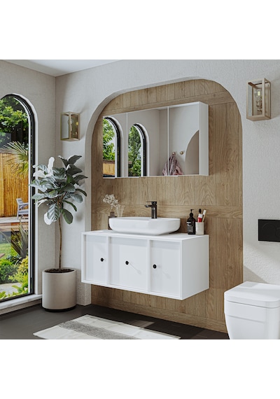 Lavabolu Mat Mdf 105 Cm Çekmeceli Banyo Dolabı + Aynalı Dolap Mat Beyaz