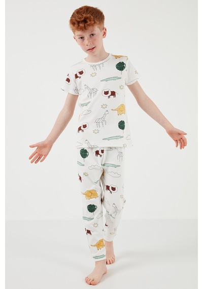 Lela Desenli % 100 Pamuk Bisiklet Yaka Erkek Çocuk Pijama Takımı 6651001 Ekru-Hardal