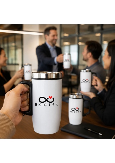 Logonuza Özel 5 Adet 5304 Çelik Kupa 240 Ml Kilitli Kapaklı Kurumsal Termos Mug Beyaz
