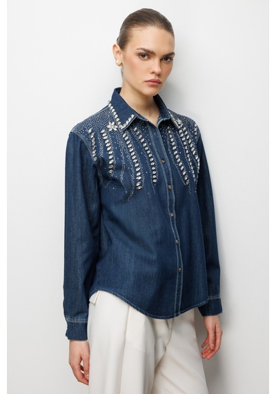 Ekol Taş İşlemeli Denim Görünümlü Kadın Gömlek 26y.ekl.gml.02910.1 İndigo