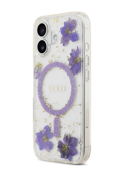 Apple Uyumlu iPhone 17 Kılıf Guess Lisanslı M-safe Özellikli Transparan Resin Flowers Kapak Mor Mor