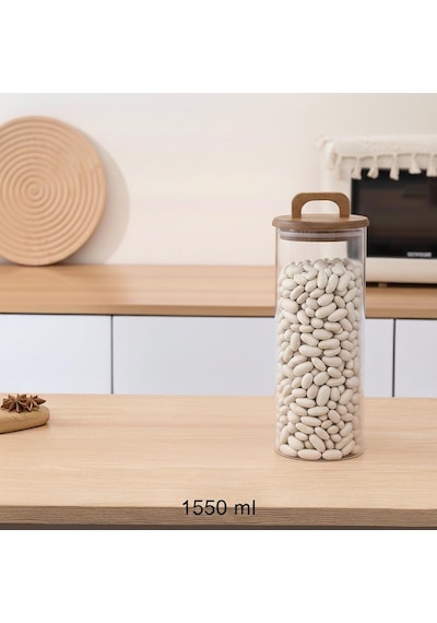 Borosilikat Cam Vakumlu Kavanoz 1550 Ml Akasya Kapaklı Bakliyat & Baharat Kavanozu 3 Adet Şeffaf