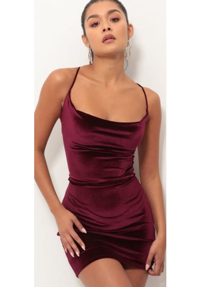 Hanife Glam Couture Hanife Glam Mini Kadife Elbise Bordo