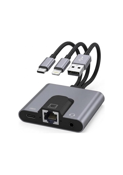 Lexroo Type-c - Rj45 Ethernet Adaptörü & 3.5mm Ses Girişli Pd Şarj Destekli Usb-c Hub/docking
