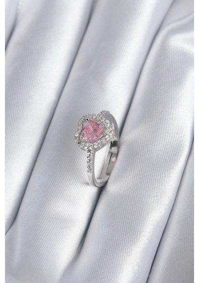 Pembe Zirkon Taş Kalpli Charm Kadın Yüzük Gümüş Renk Renkli