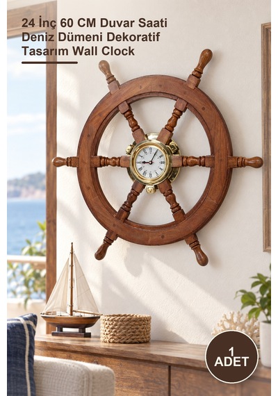 1 Adet Duvara Asmalı Dümenli Saat 24 İnç 60 Cm Duvar Saati Deniz Dümeni Dekoratif Tasarım Wall Clock Diğer