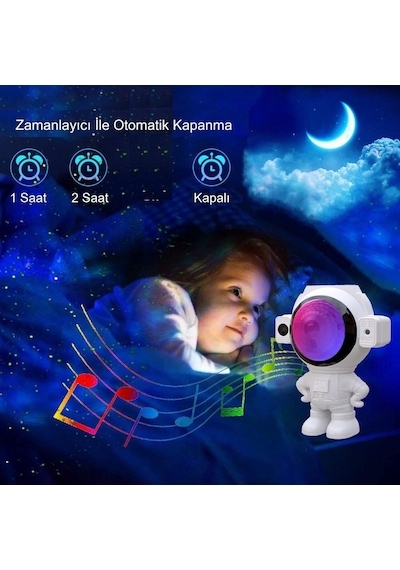 Upway Astronot Bluetooth Hoparlör Galaksi Yıldız Projektör Kumandalı Gece Lambası Beyaz