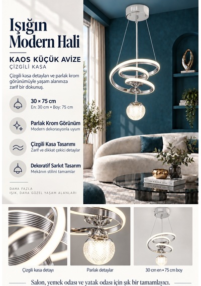 Kaos Küçük Modern Ledli Avize Çizgili 3 Renk Power Ledli Krom Kaplama Çoçuk Odası Yatak Odası Mutfak