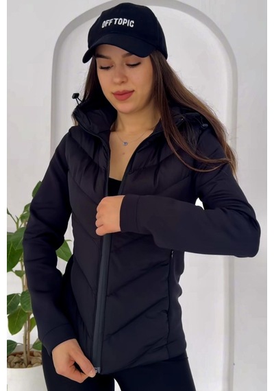 Prifaldi Kadın Softshell Kollu Kapüşonlu Çift Cepli Termal Şişme Mont Siyah