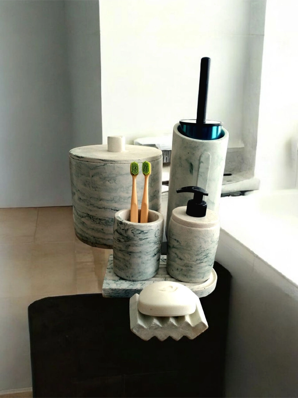Yeşil Mermer Desen Beton Banyo Seti,çöp Kovasi,fırçalık,katı,sıvı Sabunluk,diş Fırçalık,mumluk Yeşil