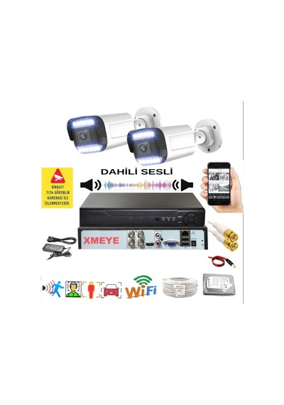 2 Kameralı Set - Yapay Zeka Özellikli Gece Renkli Sesli FullHD 5Mp Lensli 12 Warm Ledli Güvenlik Kamerası Seti 312WS-104