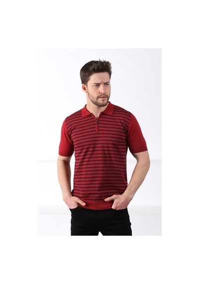 Ferraro Tarçın/Laci Polo Yaka Fermuarlı Erkek Pamuk Triko T-Shirt-Kırmızı