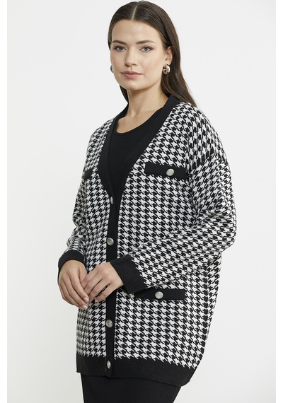 Kazayağı Motif Oversize Triko Ceket - Siyah 001