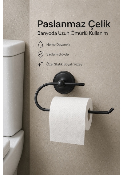 Paslanmaz Çelik Yuvarlak Yapışkanlı Siyah Kağıt Rulo Peçetelik Tuvalet Kağıtlığı